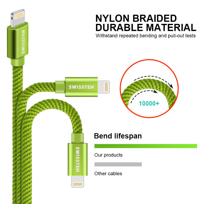 Datový kabel Swissten textilní s Lightning konektorem a podporou rychlonabíjení, Green Datový kabel Swissten textilní s Lightning konektorem a podporou rychlonabíjení, Green