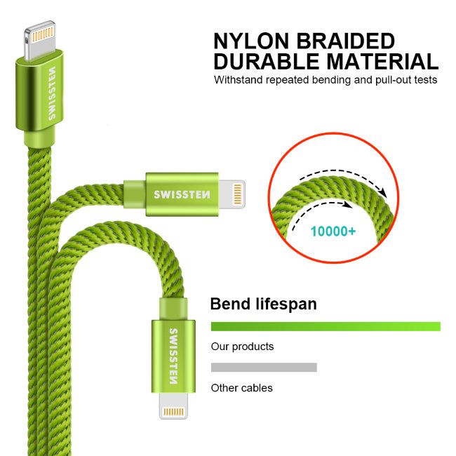 Datový kabel Swissten textilní s Lightning konektorem a podporou rychlonabíjení, Green