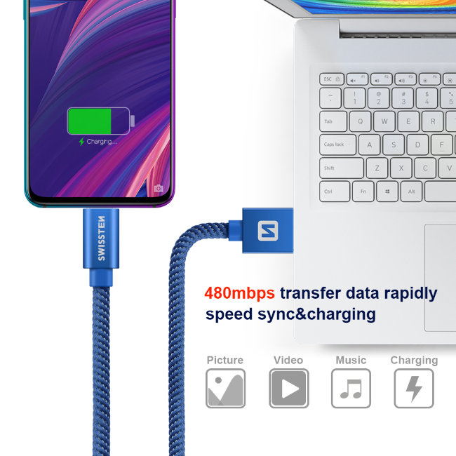 Datový kabel Swissten textilní s Micro-USB konektorem a podporou rychlonabíjení, Blue Datový kabel Swissten textilní s Micro-USB konektorem a podporou rychlonabíjení, Blue