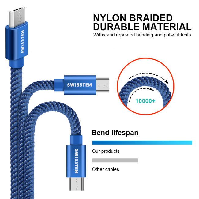Datový kabel Swissten textilní s Micro-USB konektorem a podporou rychlonabíjení, Blue Datový kabel Swissten textilní s Micro-USB konektorem a podporou rychlonabíjení, Blue