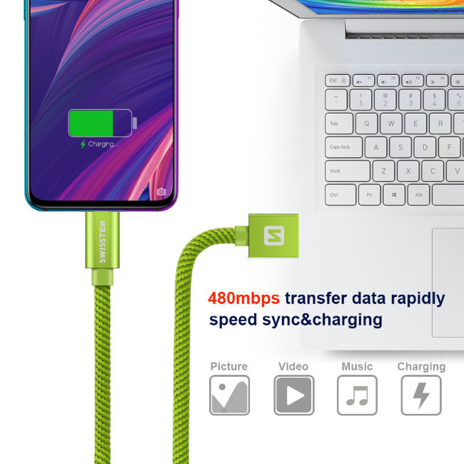Datový kabel Swissten textilní s USB-C konektorem a podporou rychlonabíjení, Green Datový kabel Swissten textilní s USB-C konektorem a podporou rychlonabíjení, Green