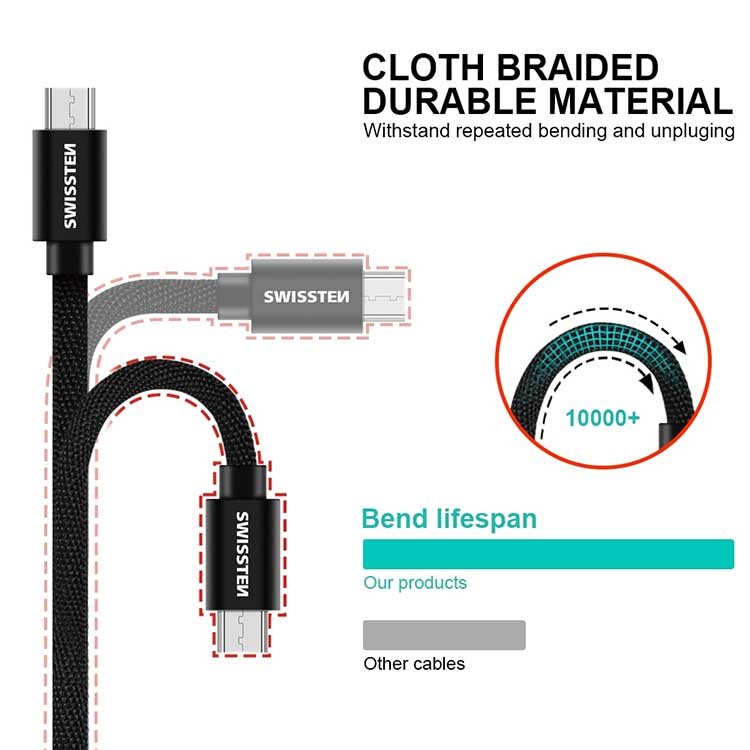 Datový kabel Swissten textilní s Micro-USB konektorem a podporou rychlonabíjení, Black Datový kabel Swissten textilní s Micro-USB konektorem a podporou rychlonabíjení, Black