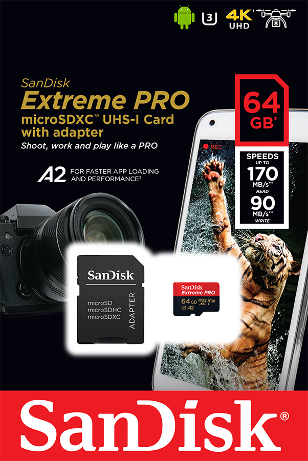 SanDisk Micro SDXC Extreme Pro 64GB + SD adaptér, UHS-I U3 A2, Class 10-rychlost 170/90 MB/s (SDSQXCY-064G-GN6MA) SanDisk Micro SDXC Extreme Pro 64GB + SD adaptér, UHS-I U3 A2, Class 10-rychlost 170/90 MB/s (SDSQXCY-064G-GN6MA)