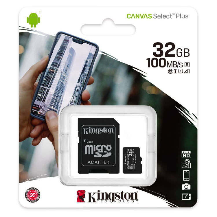 Kingston Canvas SeIect Plus Micro SDHC 32GB + SD adaptér, UHS-I A1, Class 10 - rychlost 100 MB/s Kingston Canvas SeIect Plus Micro SDHC 32GB + SD adaptér, UHS-I A1, Class 10 - rychlost 100 MB/s