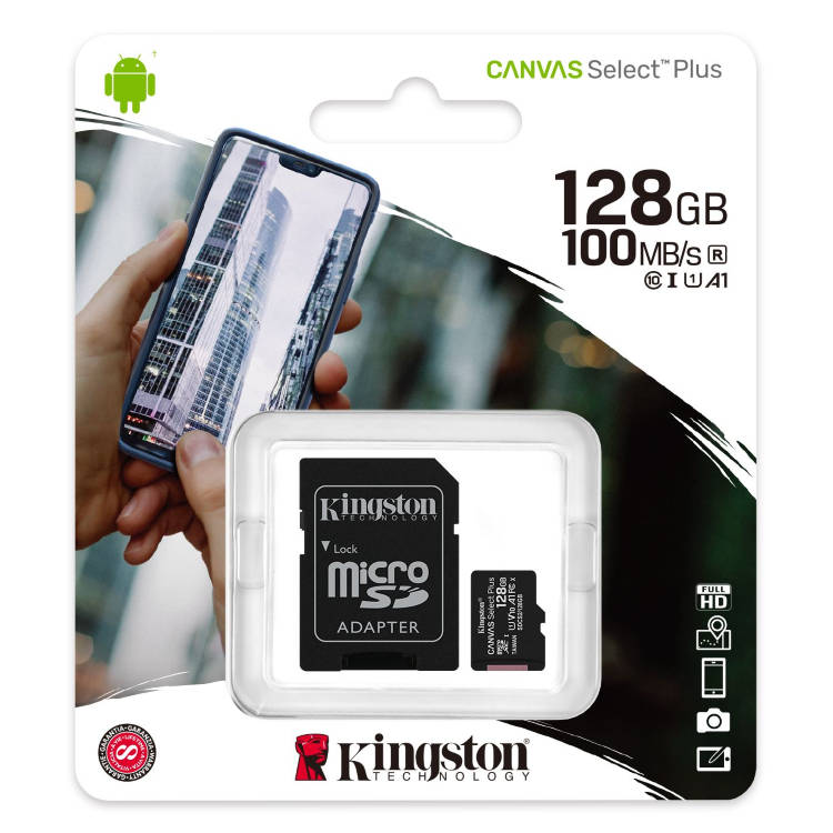 Kingston Canvas SeIect Plus Micro SDXC 128GB + SD adaptér, UHS-I A1, Class 10 - rychlost 100 MB/s Kingston Canvas SeIect Plus Micro SDXC 128GB + SD adaptér, UHS-I A1, Class 10 - rychlost 100 MB/s