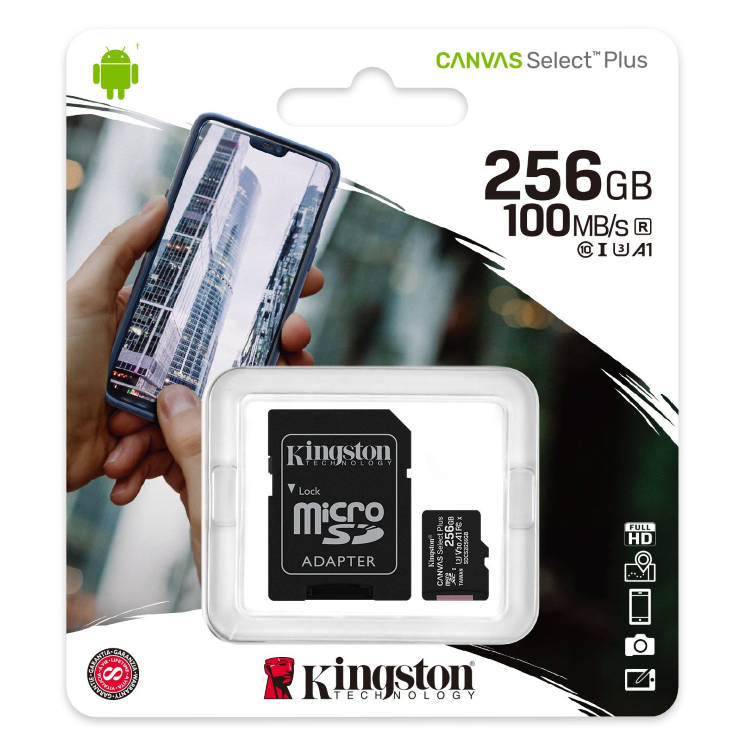 Kingston Canvas SeIect Plus Micro SDXC 256GB + SD adaptér, UHS-I A1, Class 10 - rychlost 100/85 MB/s Kingston Canvas SeIect Plus Micro SDXC 256GB + SD adaptér, UHS-I A1, Class 10 - rychlost 100/85 MB/s