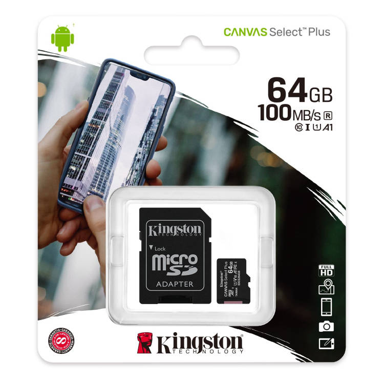 Kingston Canvas SeIect Plus Micro SDXC 64GB + SD adaptér, UHS-I A1, Class 10 - rychlost 100 MB/s