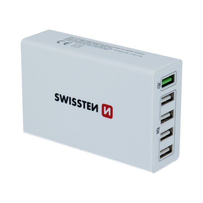 Rychlonabíječka Swissten Smart IC 50W s podporou QuickCharge 3.0 a 5 USB konektory, bílá