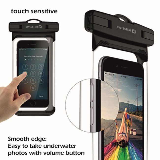 Swissten univerzální voděodolné pouzdro pro smartphony, IPX8, černé Swissten univerzální voděodolné pouzdro pro smartphony, IPX8, černé
