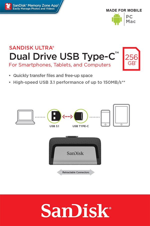 USB klíč SanDisk Ultra Dual Drive, 256GB, USB 3.1-rychlost 150MB/s (SDDDC2-256G-G46)