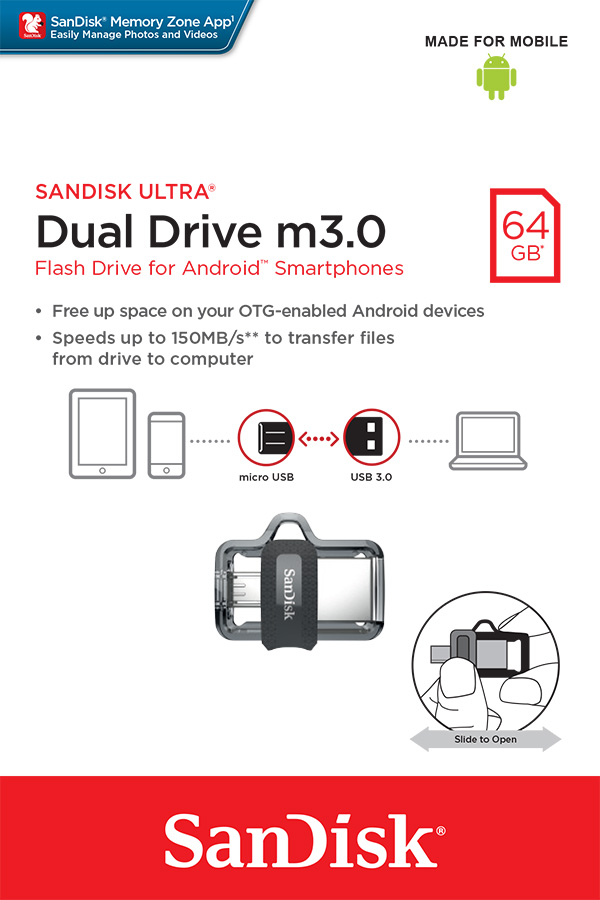 USB klíč SanDisk Ultra Dual Drive m3.0, 64GB, USB 3.0-rychlost 150MB/s (SDDD3-064G-G46)