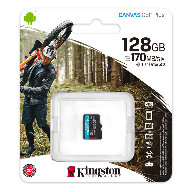 Kingston Canvas Go Plus Micro SDXC 128GB, UHS-I U3 A2, Class 10 - rychlost 170/90 MB/s Kingston Canvas Go Plus Micro SDXC 128GB, UHS-I U3 A2, Class 10 - rychlost 170/90 MB/s