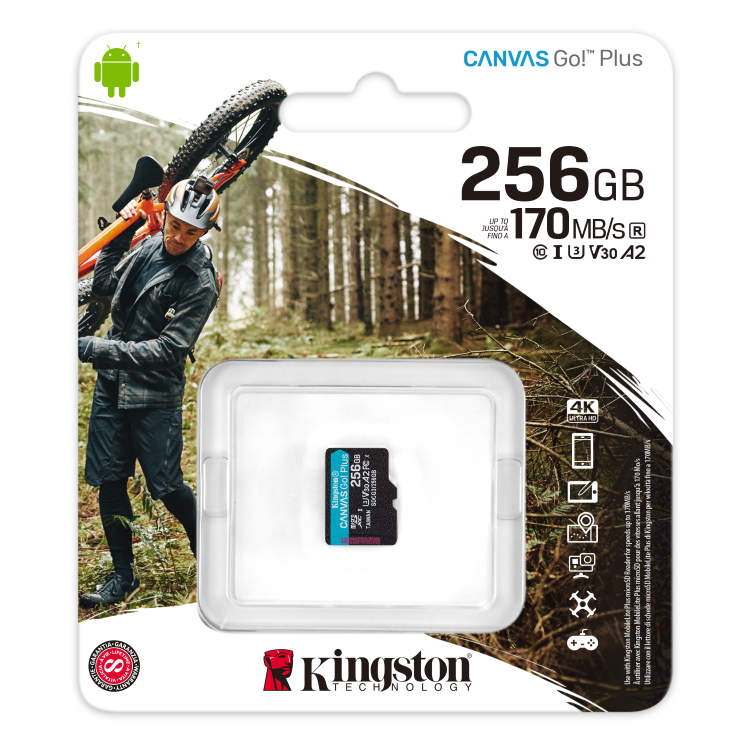 Kingston Canvas Go Plus Micro SDXC 256GB, UHS-I U3 A2, Class 10 - rychlost 170/90 MB/s Kingston Canvas Go Plus Micro SDXC 256GB, UHS-I U3 A2, Class 10 - rychlost 170/90 MB/s