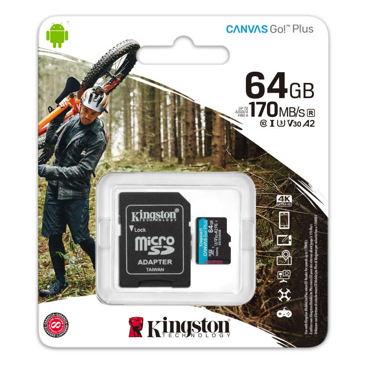 Kingston Canvas Go Plus Micro SDXC 64GB + SD adaptér, UHS-I U3 A2, Class 10 - rychlost 170/70 MB/s Kingston Canvas Go Plus Micro SDXC 64GB + SD adaptér, UHS-I U3 A2, Class 10 - rychlost 170/70 MB/s