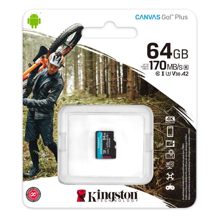 Kingston Canvas Go Plus Micro SDXC 64GB, UHS-I U3 A2, Class 10 - rychlost 170/70 MB/s Kingston Canvas Go Plus Micro SDXC 64GB, UHS-I U3 A2, Class 10 - rychlost 170/70 MB/s