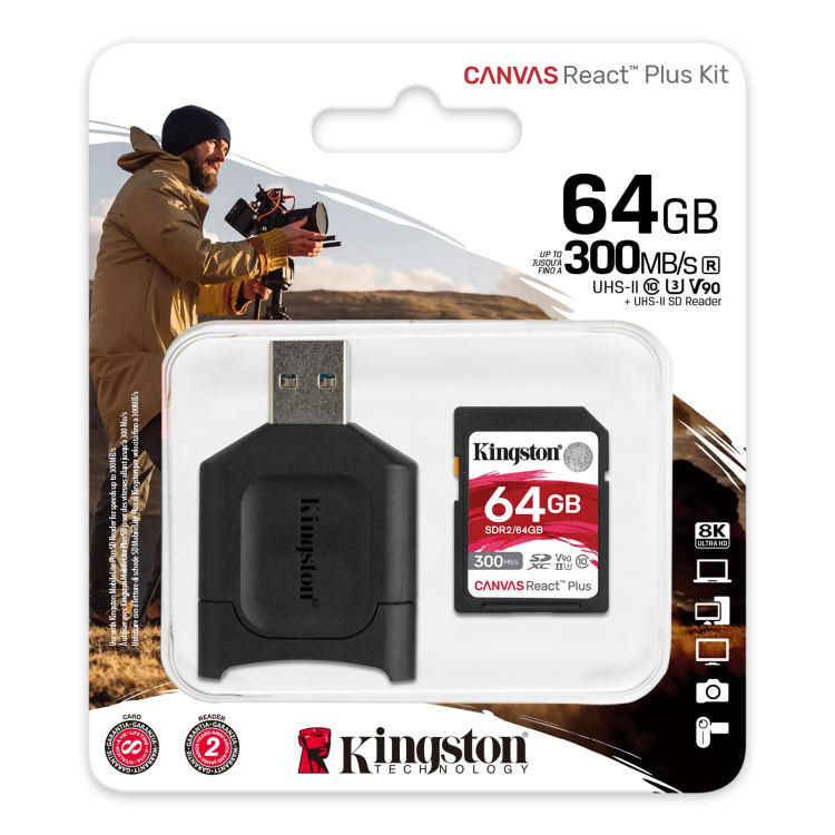 Kingston Canvas React Plus Secure Digital SDXC + čtečka, UHS-II U3 64GB | Class 10, rychlost 300/260MB/s (MLPR2/64GB)