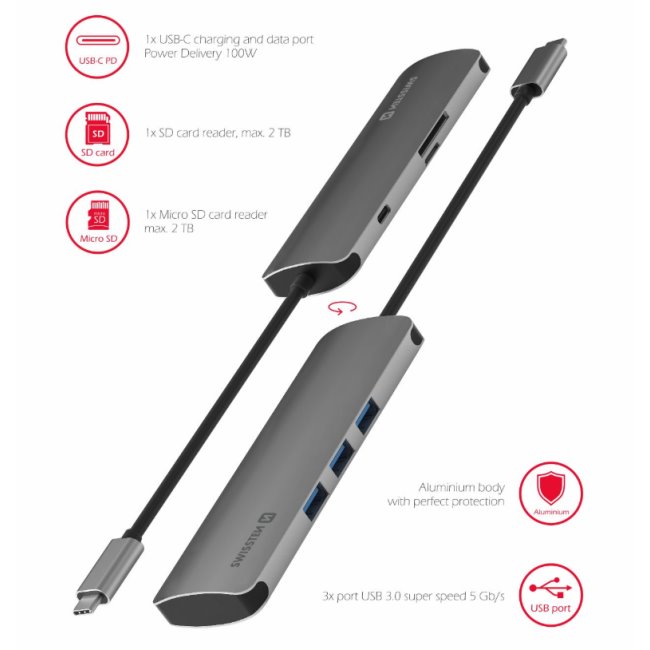 Hliníkový USB-C HUB Swissten 6-in-1 (USB-C PD, 3x USB 3.0, SD, MicroSD) Hliníkový USB-C HUB Swissten 6-in-1 (USB-C PD, 3x USB 3.0, SD, MicroSD)