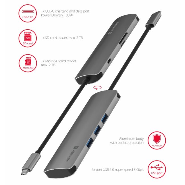 Hliníkový USB-C HUB Swissten 6-in-1 (USB-C PD, 3x USB 3.0, SD, MicroSD)