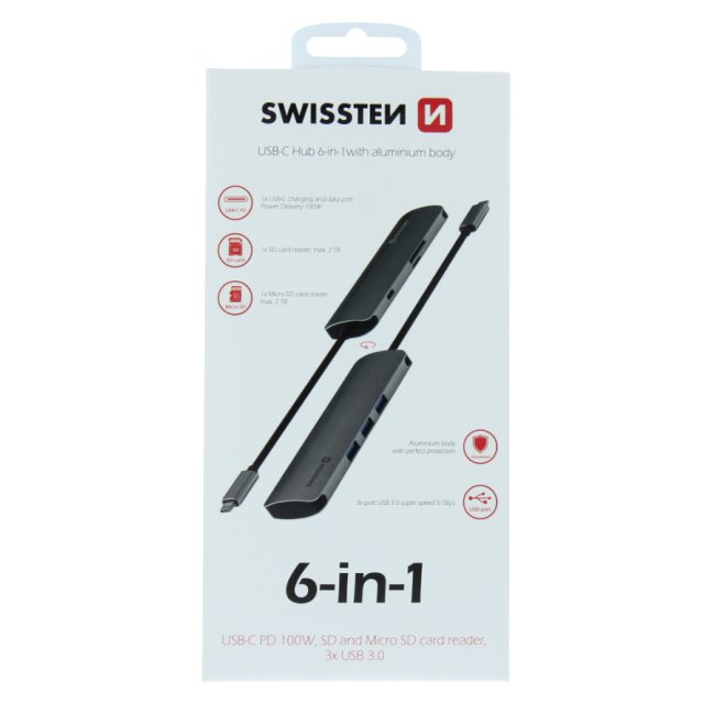Hliníkový USB-C HUB Swissten 6-in-1 (USB-C PD, 3x USB 3.0, SD, MicroSD) Hliníkový USB-C HUB Swissten 6-in-1 (USB-C PD, 3x USB 3.0, SD, MicroSD)