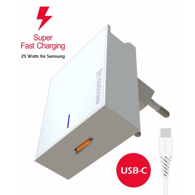 Rychlonabíječka Swissten Samsung Super Fast Charging 25 W + kabel USB-C/USB-C 1,2 m, bílá