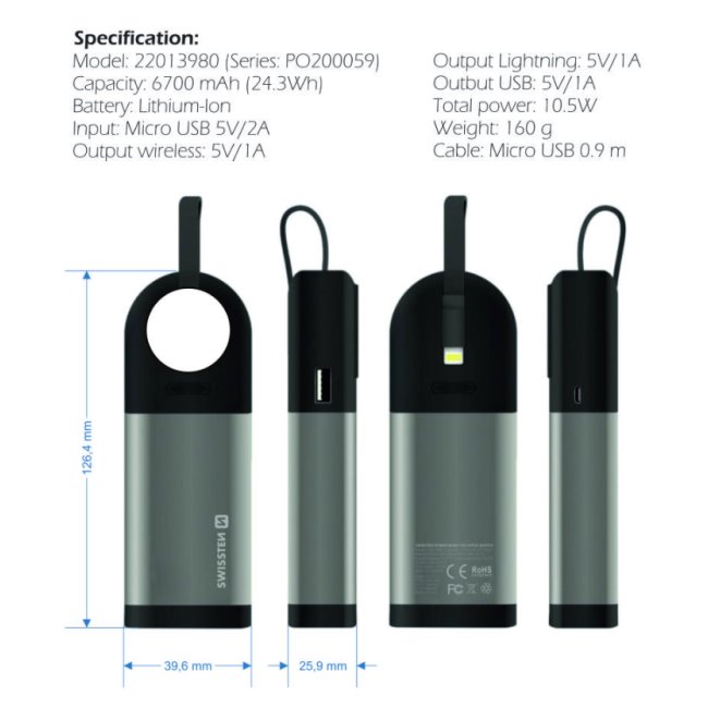 Swissten 2in1 Powerbank MFi for Apple Watch, 6700 mAh Swissten 2in1 Powerbank MFi for Apple Watch, 6700 mAh