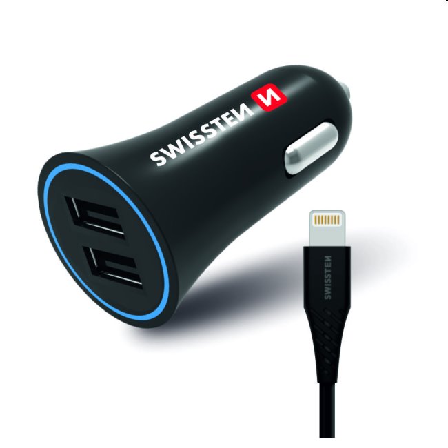 Autonabíječka Swissten 2.4A s 2x USB + kabel Lightning