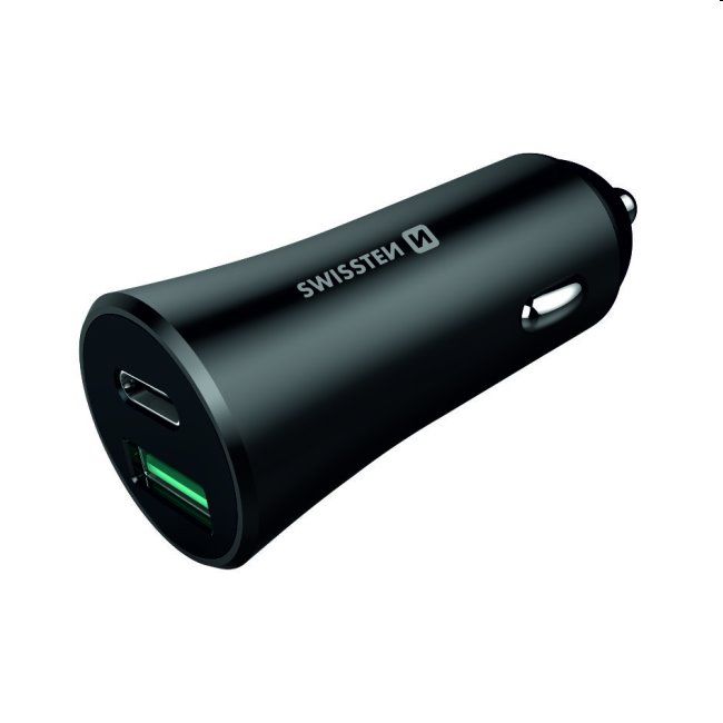 Autonabíječka Swissten s podporou Power Delivery USB-C + Qualcomm 3.0, 36W, matná černá Autonabíječka Swissten s podporou Power Delivery USB-C + Qualcomm 3.0, 36W, matná černá