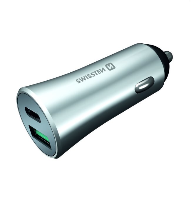 Autonabíječka Swissten s podporou Power Delivery USB-C + Qualcomm 3.0, 36W, matná stříbrná