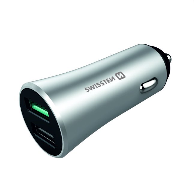 Autonabíječka Swissten s podporou Qualcomm Quick Charge 3.0, 30W, matná stříbrná Autonabíječka Swissten s podporou Qualcomm Quick Charge 3.0, 30W, matná stříbrná