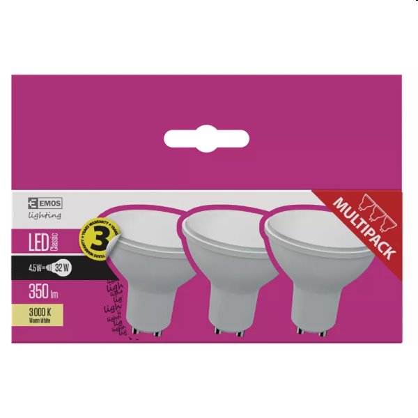 EMOS LED Žárovka Classic 4,5W GU10, teplá bílá - 3ks EMOS LED Žárovka Classic 4,5W GU10, teplá bílá - 3ks