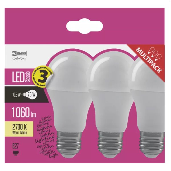 EMOS LED Žárovka Classic A60 10.5W E27, teplá bílá - 3ks EMOS LED Žárovka Classic A60 10.5W E27, teplá bílá - 3ks