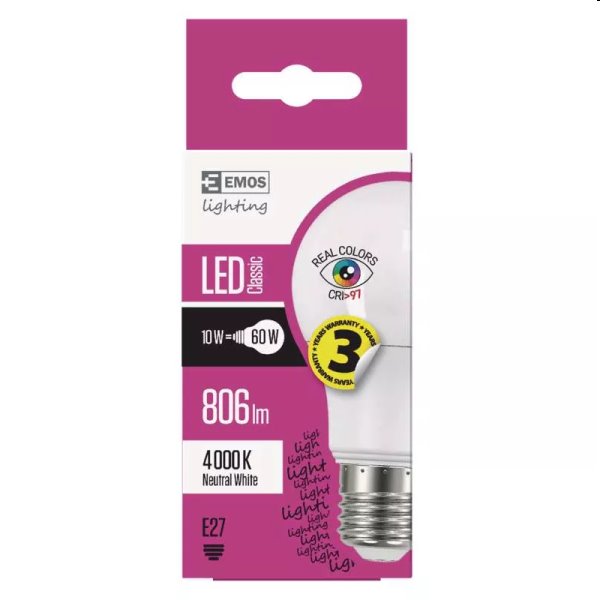EMOS LED Žárovka Classic A60 10W E27, neutrální bílá (Ra95) EMOS LED Žárovka Classic A60 10W E27, neutrální bílá (Ra95)