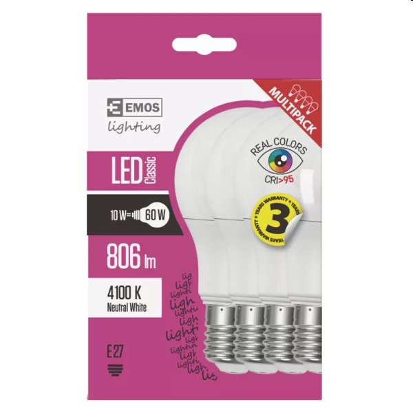EMOS LED Žárovka Classic A60 10W E27, neutrální bílá (Ra95) - 4ks EMOS LED Žárovka Classic A60 10W E27, neutrální bílá (Ra95) - 4ks