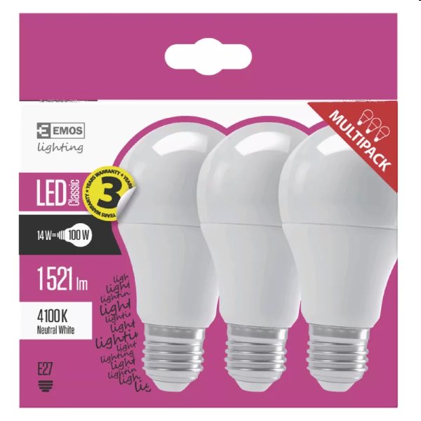 EMOS LED Žárovka Classic A60 14W E27, neutrální bílá - 3ks