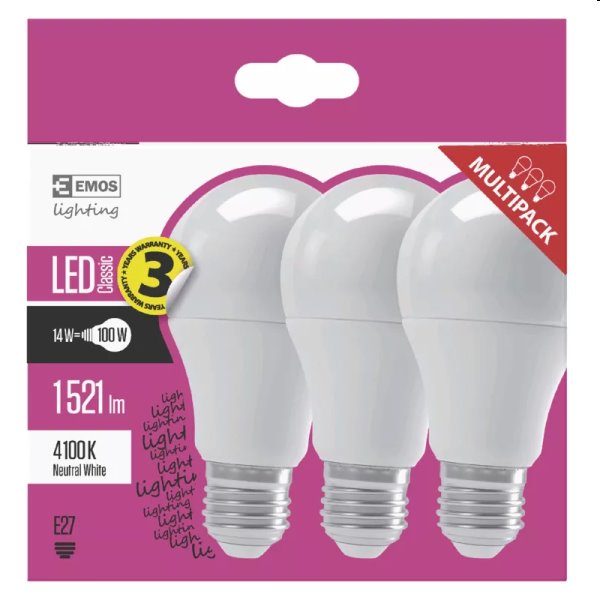 EMOS LED Žárovka Classic A60 14W E27, neutrální bílá - 3ks EMOS LED Žárovka Classic A60 14W E27, neutrální bílá - 3ks