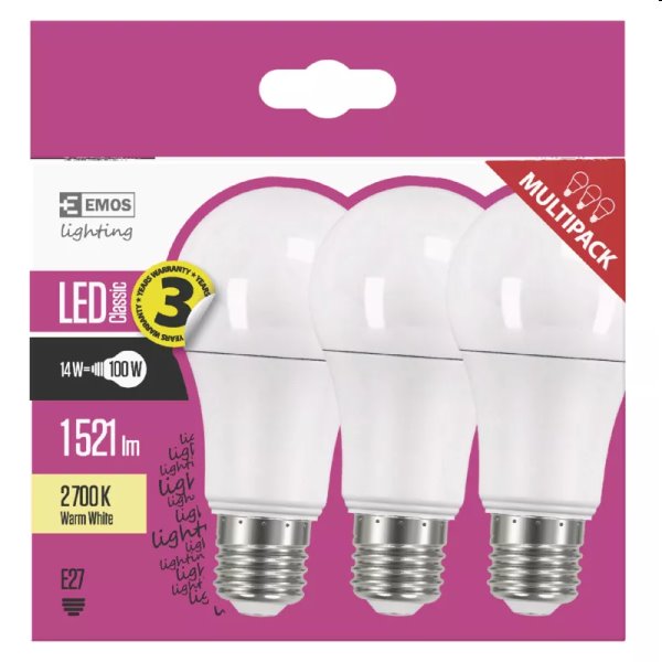 EMOS LED Žárovka Classic A60 14W E27, teplá bílá - 3ks EMOS LED Žárovka Classic A60 14W E27, teplá bílá - 3ks