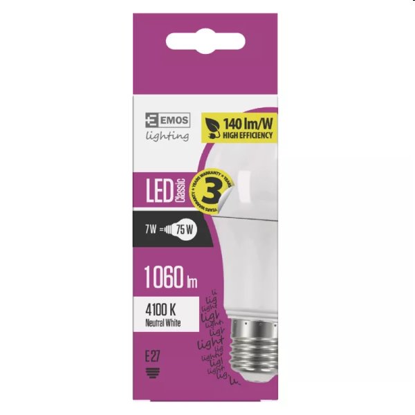 EMOS LED Žárovka Classic A60 7W E27, neutrální bílá