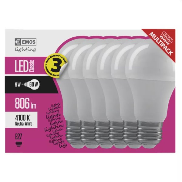 EMOS LED Žárovka Classic A60 9W E27, neutrální bílá - 6ks EMOS LED Žárovka Classic A60 9W E27, neutrální bílá - 6ks