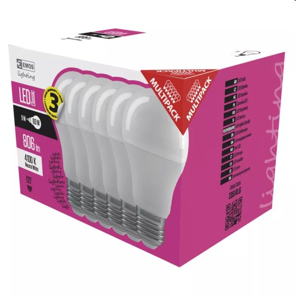 EMOS LED Žárovka Classic A60 9W E27, neutrální bílá - 6ks EMOS LED Žárovka Classic A60 9W E27, neutrální bílá - 6ks