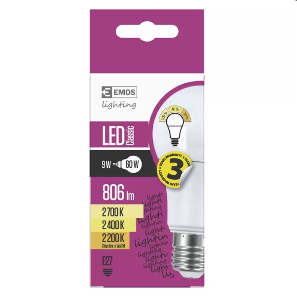 EMOS LED Žárovka Classic A60 9W E27, teplá bílá (stmívatelná)