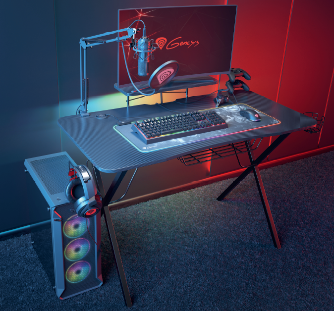 Genesis Holm 300 RGB Gaming Desk, 3xUSB 3.0, bezdrátová nabíječka