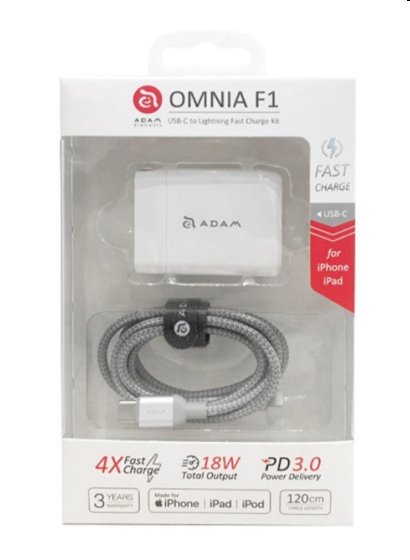 Adam Elements Omnia F1 USB-C PD Adapter 18W + USB-C/Lightning Cable, white