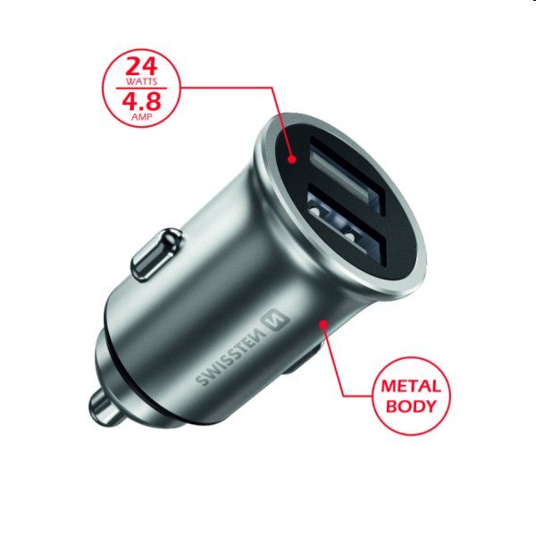 CL adapter Swissten 2x USB 4,8A, stříbrný