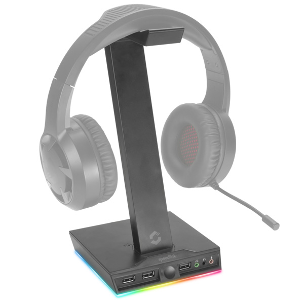 Speedlink Excello Illuminated Headset Stand, 3-Port USB 2.0 Hub, integrated Soundcard, black