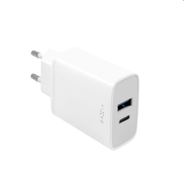 FIXED Síťová nabíječka s USB-C/USB, podpora PD, 30W, bílá