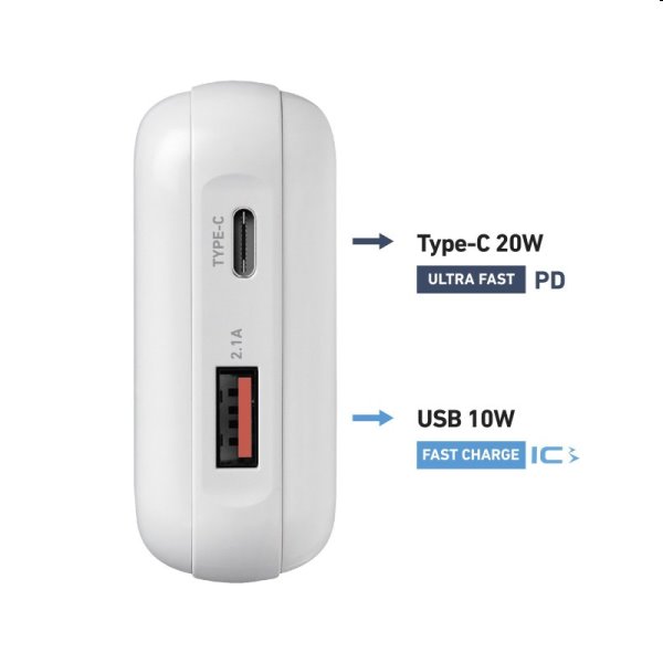 SBS Powerbank10000 mAh, USB/USB-C PD 20 W, bílá