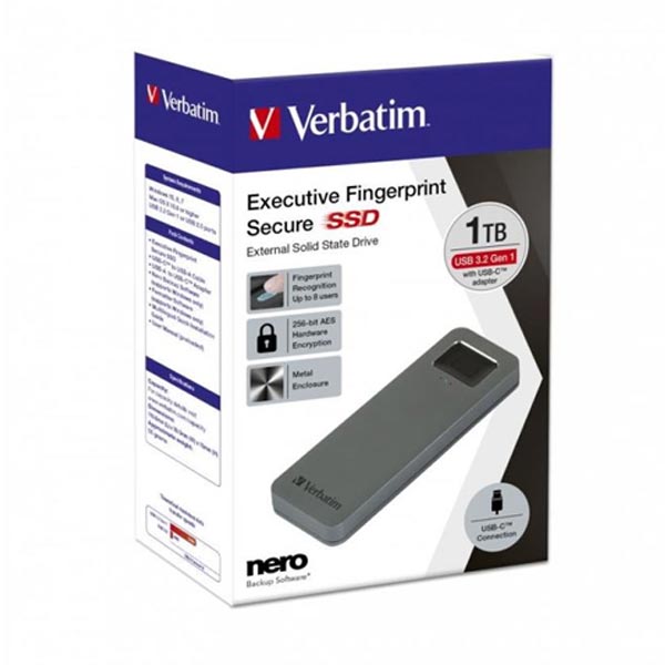 Verbatim SSD 1TB disk USB 3.2 GEN1, USB-C, externí Executive Fingerprint Secure Disk Verbatim SSD 1TB disk USB 3.2 GEN1, USB-C, externí Executive Fingerprint Secure Disk