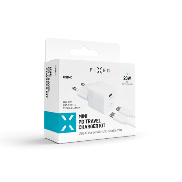 FIXED Mini charger set with USB-C output and USB-C/USB-C cable, PD support, 1 m, 20W, white FIXED Mini charger set with USB-C output and USB-C/USB-C cable, PD support, 1 m, 20W, white
