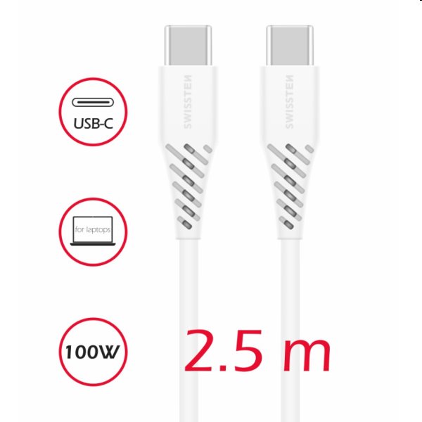 Swissten Datový a nabíjecí kabel TPU USB-C/USB-C, PD,2,5 m, bílý