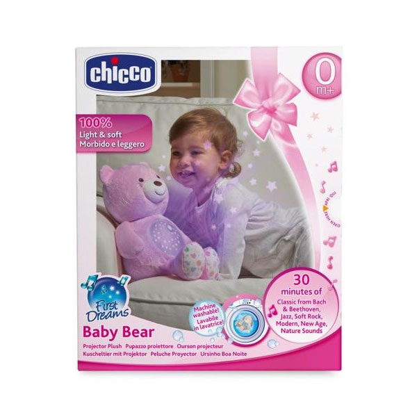 CHICCO Medvídek usínáček s projektorem a hudbou Baby Bear First Dreams - růžový 0m+